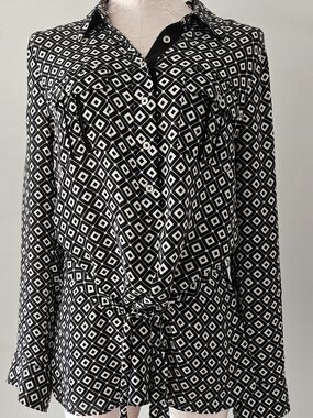 WHBM 100% Silk Black&White Geometric Tie-Front Button Blouse Office Natural